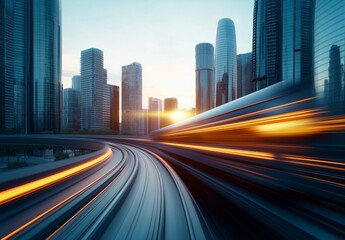 Fototapeta premium Modern city skyline with high-speed train motion blur at sunset, representing urban transportation and infrastructure advancements.