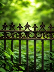 A vintage wrought iron fence stands amidst lush greenery, showcasing intricate designs and nature's beauty.
