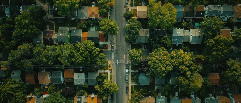 Elevated View of Vibrant Residential Area in - Serene Neighborhood with Houses, Gardens, and Tree-Lined Streets