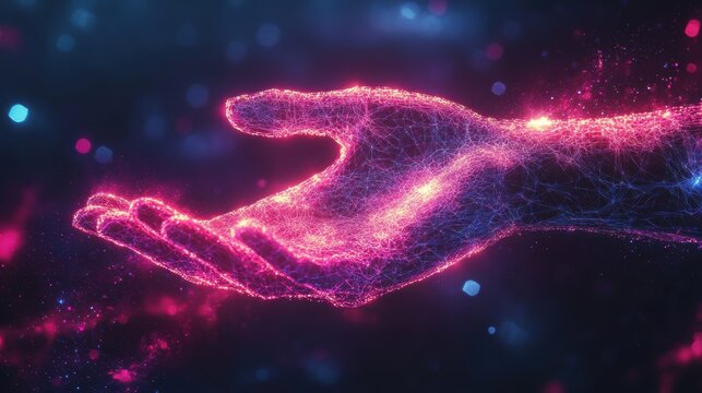 neon wireframe hand on digital background symbolizes creativity and connection, perfect for banner design