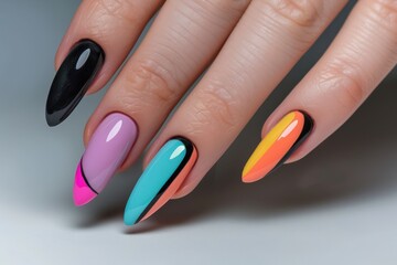 Nail Design. Fashionable Multicolored Manicure on Shiny and Matte Nail Polish with Smooth Curves