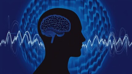 An abstract representation of the human brain with sound waves, symbolizing mind and sound interaction.