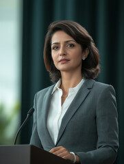 Middle-aged Indian woman dressed in gray business woman suit and white shirt