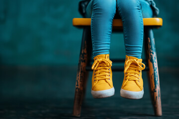 A child's legs hanging from a chair, showing the child's yellow sneakers. The background is a green wall, and the child's legs appear too short to reach the floor.