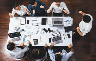 Top view meeting table, excited and happy office worker celebrate after make successful strategic...