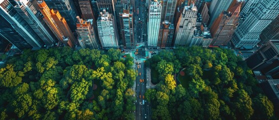 Urban Symphony: Aerial View of a Vibrant Metropolis with Skyscrapers, Bustling Streets, and Lush Central Park in Crystal-Clear