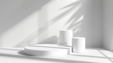 Modern geometric white podiums for showcasing cosmetics in sunlight with shadows on white background.