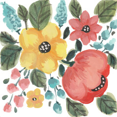 Colourful flower hand drawn watercolour illustration clipart and vector with isolated white background