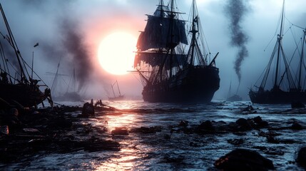 Obraz premium A fleet of historical ships in a dramatic sunset scene with fog, reflecting on the water, creating a cinematic and mysterious atmosphere.