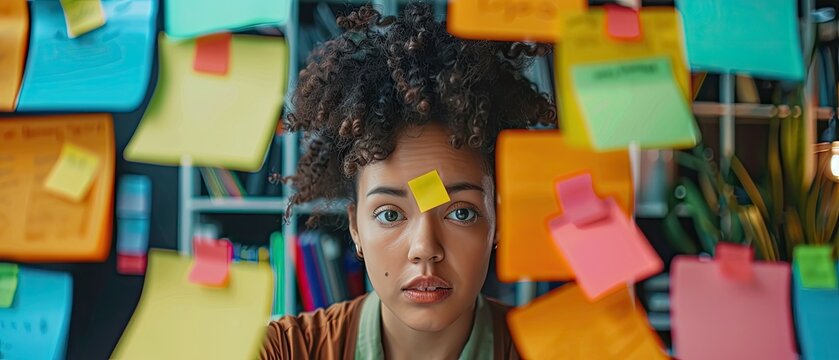 Young Woman Overwhelmed by Colorful Sticky Notes - Powered by Adobe