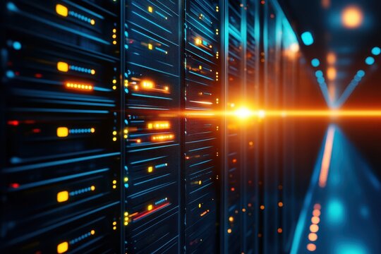 Futuristic data center with rows of powerful servers glowing in vibrant colors, showcasing modern technology and digital innovation. - Powered by Adobe