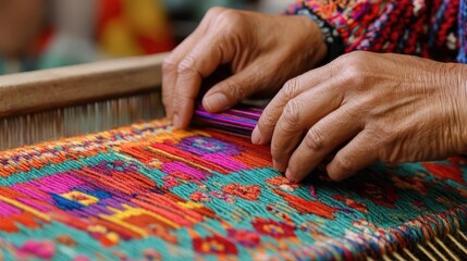 A detailed shot of a weaver s hands threading vibrant, colorful yarn on a loom, showcasing the artistry and time invested in creating highquality, handcrafted textiles
