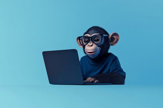 A chimpanzee is shown sitting behind a laptop and wearing glasses, seeming to focus deeply on its work, humorously depicting hard work, intelligence, and concentration.