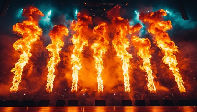 Multiple Fire Jets on a Stage with Smoke and Lighting