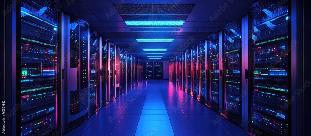 Poster image of a data center featuring multiple rows of fully operational server racks showcasing modern t