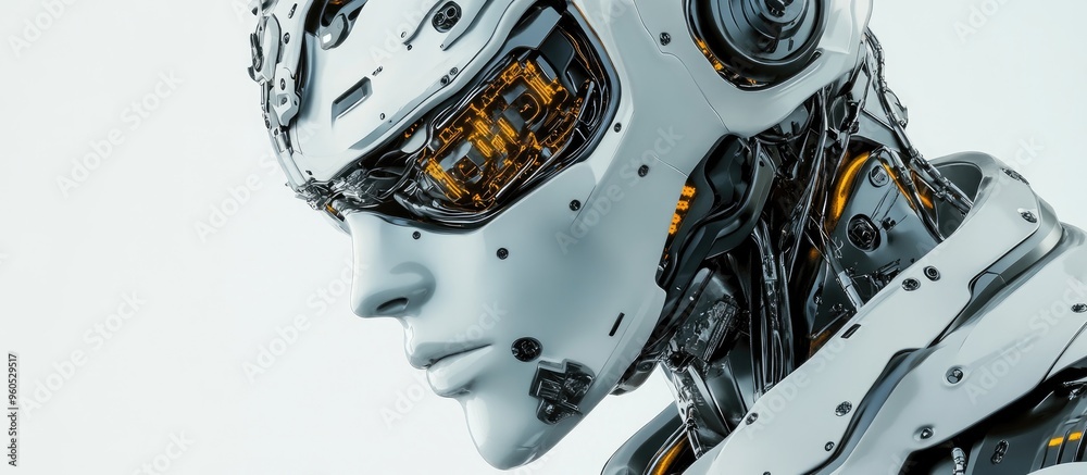 Poster portrait of a futuristic robot figure featuring intricate details revealing sections of its face tha