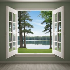 Fototapeta premium Imagine a rustic countryside home where the white-framed window, similar to the one in the image