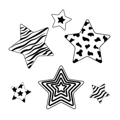 set of stars with a different pattern in black and white, geometric shapes with irregularities in the vector. For icons, postcards, prints, stickers, and decorations.