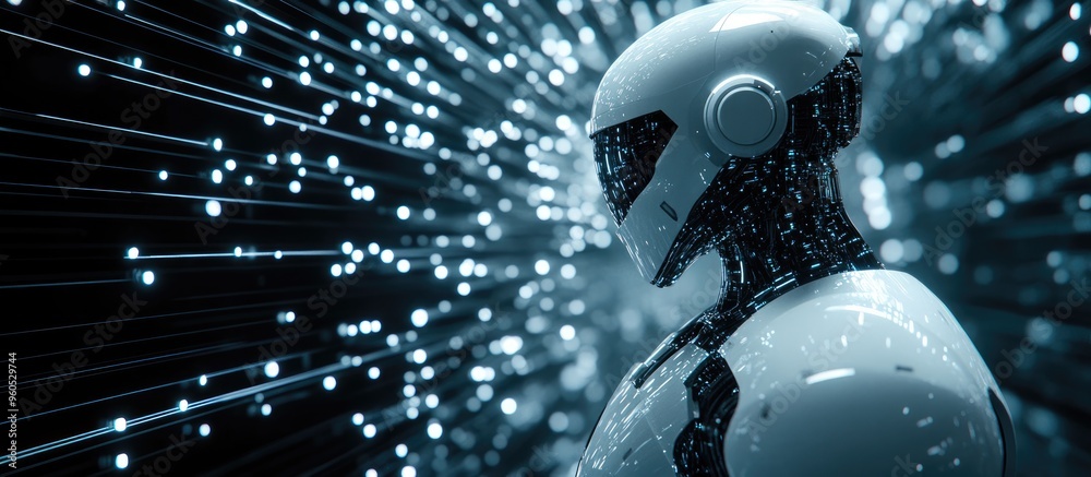 Poster robot in a digital environment with a virtual backdrop 3d rendering