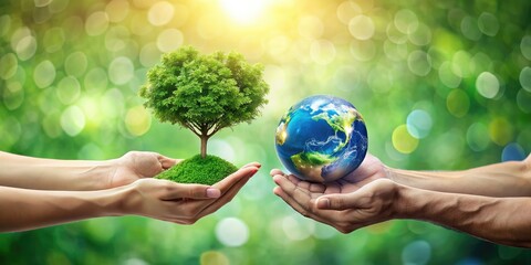  Two human hands holding a globe of the earth and a heart-shaped tree against a blurry green background. Concept image for World Environment Day