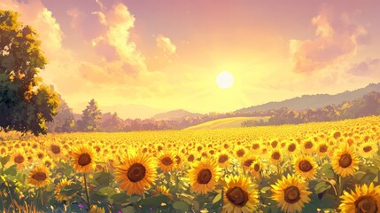 Obraz premium Sunflower Field Under a Golden Sky