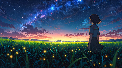 Fototapeta premium Anime the girl stands in the field and looks at the galaxy. Generative AI