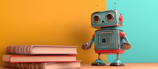 3D rendering of a tin toy robot exploring the concept of machine learning alongside a stack of books