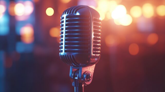 Vintage style microphone against a backlit backdrop Silver microphone designed for sound music and karaoke Broadcasting equipment for live pop and rock performances Selective focus