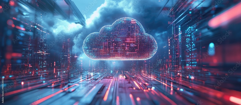 Poster concept of cloud computing and big data highlighting 5g connectivity and futuristic digital informat
