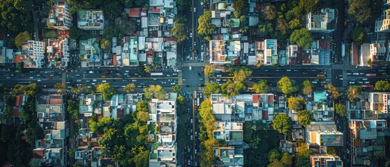 Obraz premium Urban Jungle from Above: Aerial View of Busy Cityscape with Traffic and Skyscrapers
