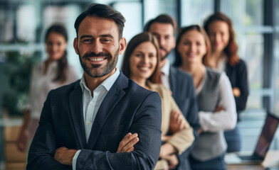Obraz premium businessman in prime stands proudly with team, embodying essence of corporate success and unity, highlights dynamic group ready to tackle new business ventures and achieve goals.