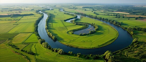 Serene Aerial Landscape of a Winding River Meandering Through Lush Farmland