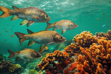 Fototapeta premium a vibrant coral reef thrives with schools of tropical fish in vivid hues. Swirling kelp forests and curious sea creatures bask in rays of sunlight breaking through the water's surface.