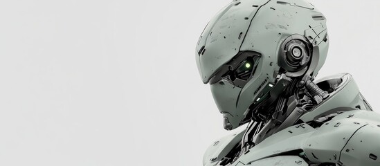 Fototapeta premium Futuristic mech soldier against a white backdrop featuring a green and gray metallic design The piloted robot showcases scratched armor perfect for a sci fi battle scene 3D rendering