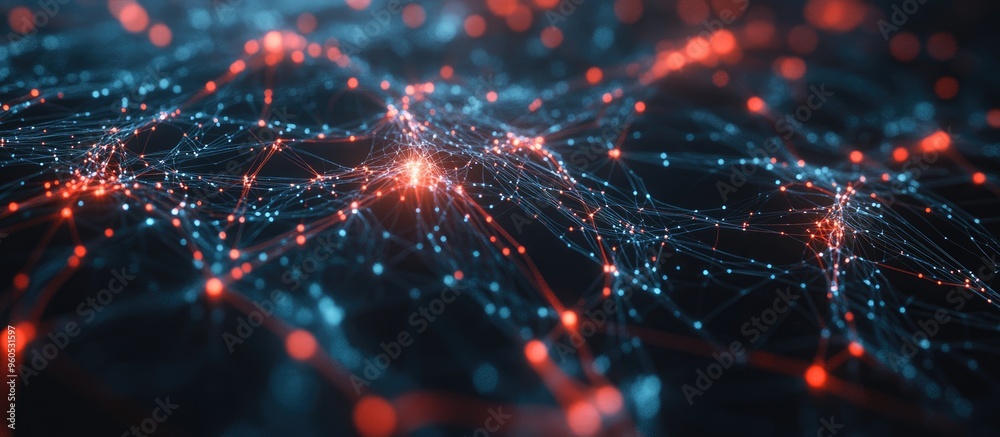 Poster an abstract technological backdrop featuring interconnected dots and lines representing the flow of 