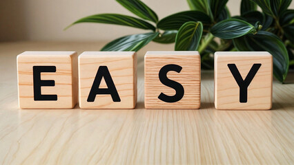 3d illustration render of a wooden block with the word text "EASY" written in black letters.