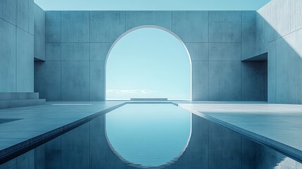 Modern architectural design featuring a tranquil pool, concrete walls, and a serene atmosphere under a clear blue sky.