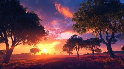 Vibrant sunset over a serene landscape with silhouettes of trees creating a picturesque and tranquil atmosphere