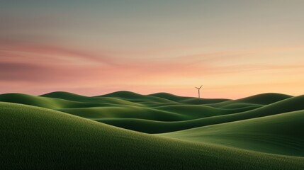 Obraz premium A serene landscape of rolling hills with a solitary windmill in the distance