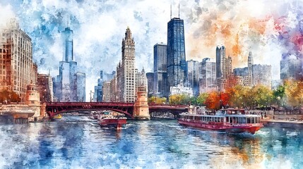 Obraz premium Vibrant Impressionistic Cityscape of Chicago Riverwalk with Boats and Bridges