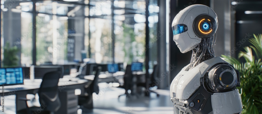 Poster 3d rendering of an ai robot engaging in tasks within a modern automated office environment