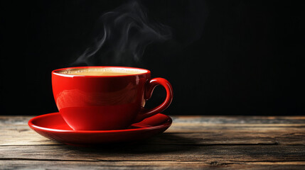 Obraz premium Red cup of hot steaming coffee on a wooden table against a black backdrop.