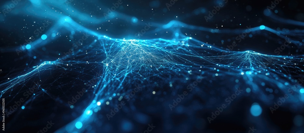 Poster concept of artificial intelligence depicted in blue tones featuring lines and dots creating a networ
