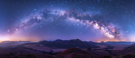Naklejka premium Majestic Milky Way Galaxy Illuminating Night Sky Above Mountain Range in - Ideal for Astrophotography Enthusiasts