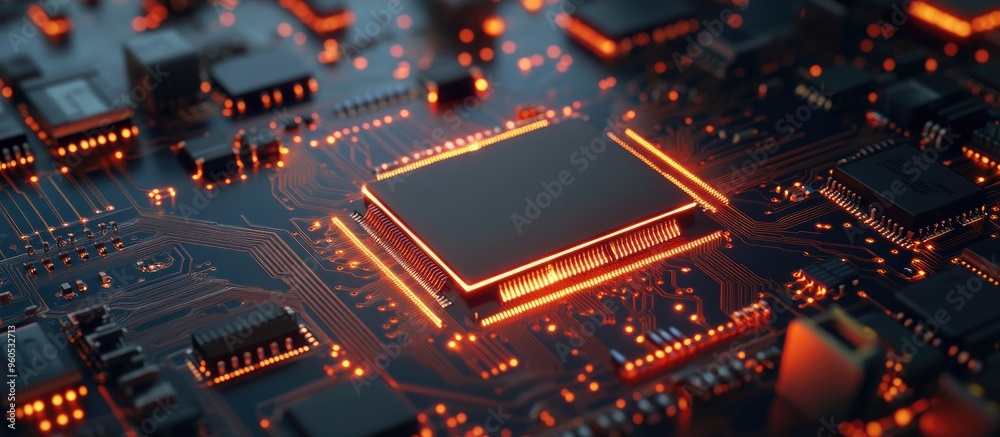 Poster ai technology concept featuring an integrated circuit chip on a printed circuit board highlighting t