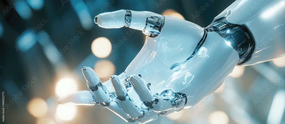 Poster white robotic hand against a blurred backdrop utilizing a 3d rendered cyber security data interface