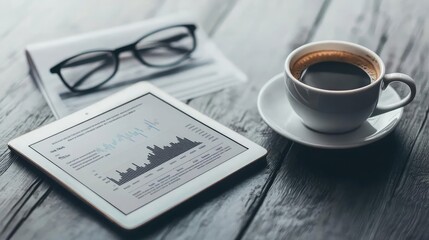 Business plan on a tablet screen with a coffee cup