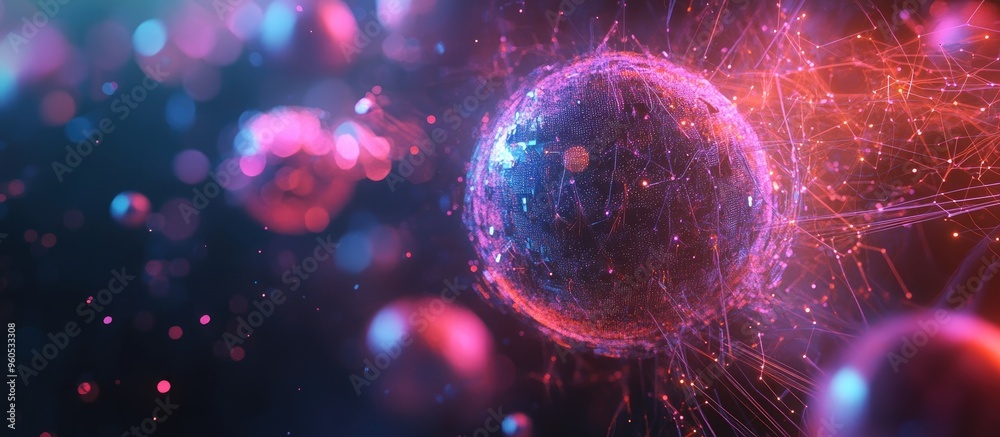 Poster futuristic spheres filled with vibrant particles and lines extensive network connections representin