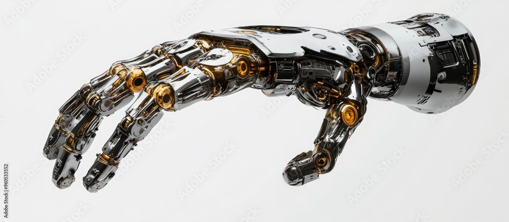 Poster metallic robotic hand crafted from various machine components set against a white background with a 