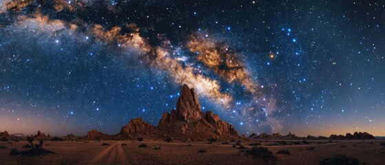 Naklejka premium Cosmic Beauty: Milky Way Galaxy Rising over Desert Rock Formation in - Perfect for Astrophotography Projects
